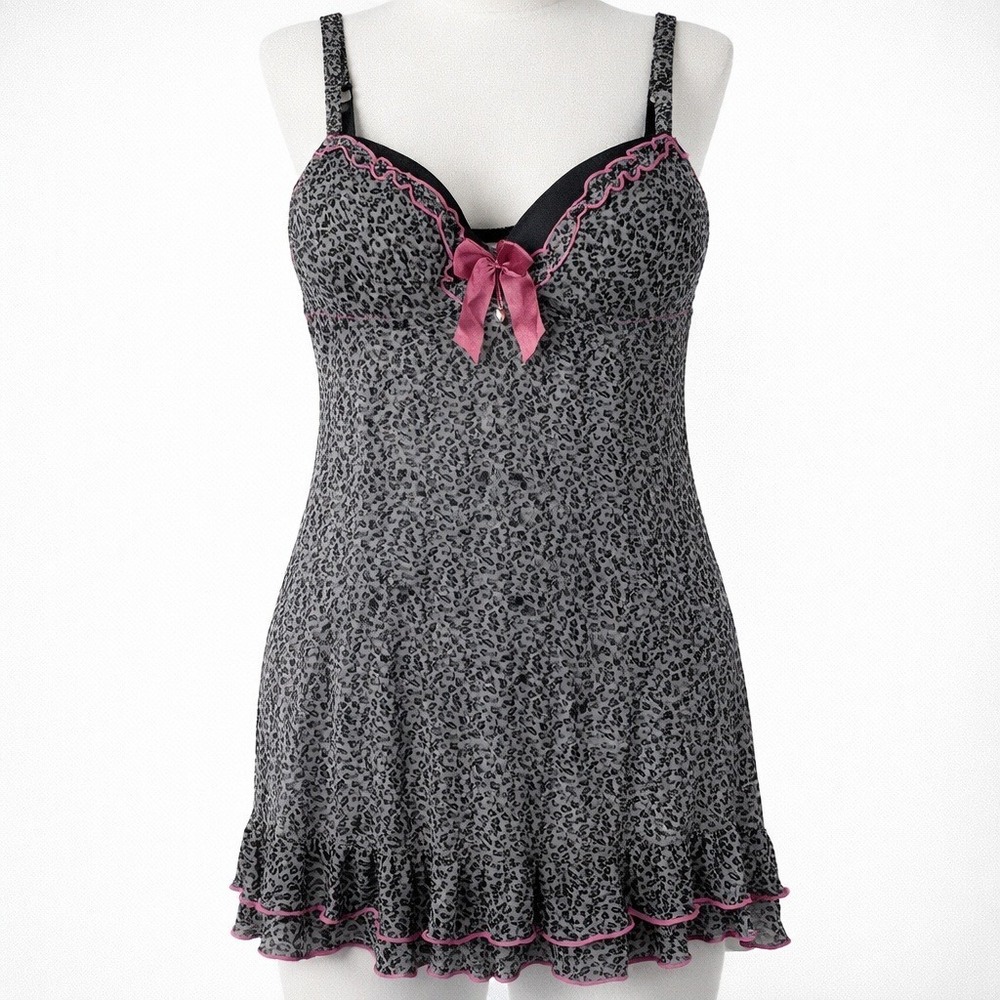 Y2K Cheetah Sheer Babydoll Slip Dress Size 38C L Pink Lingerie Bow Indie Sleaze